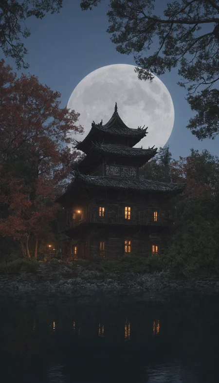 professional 3d model <lora:3vg3nylushp1n:1>,3vg3nylushp1n,architecture,scenery,evgeny,lushpin,building,outdoors,, architecture, bare tree, building, bush, castle, cloud, cloudy sky, east asian architecture, fog, forest, house, mountain, nature, no humans, outdoors, pagoda, scenery, sky, sunset, tower, tree, a cabin in the woods with a lake and trees in the background at night time with a full moon, Evgeny Lushpin, atmospheric, a photo, neo-romanticism . octane render, highly detailed, volumetric, dramatic lighting