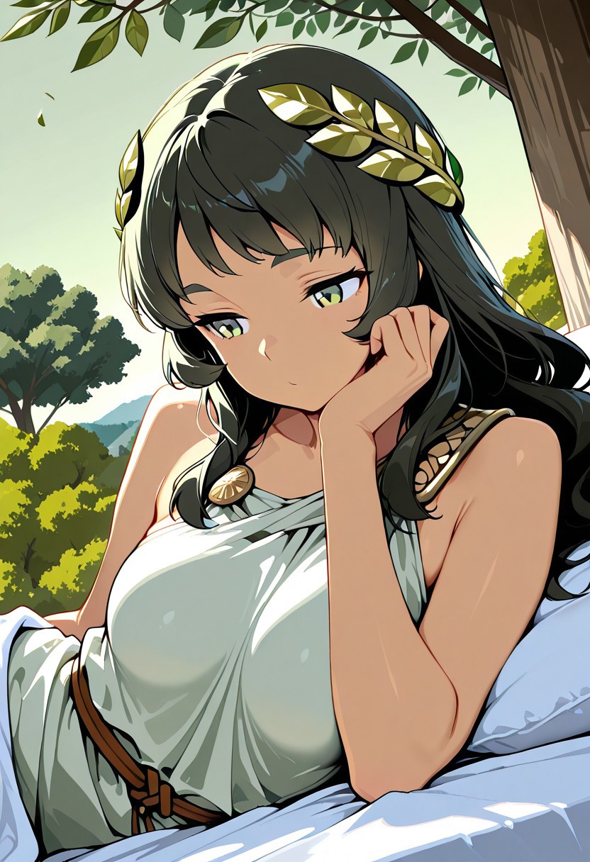flat colors, masterpiece, best quality, amazing quality,
1girl, solo, girl, black hair, green eyes, upper body, 
 long hair, laying on a white blanket,  head resting on arm, laying on side, white chiton, bronze shoulder pins, brown string belt, green leafy laurel
balcony above the green olive tree canopy, pale green sky,outdoors, green olive trees,lit torches, falling leaves