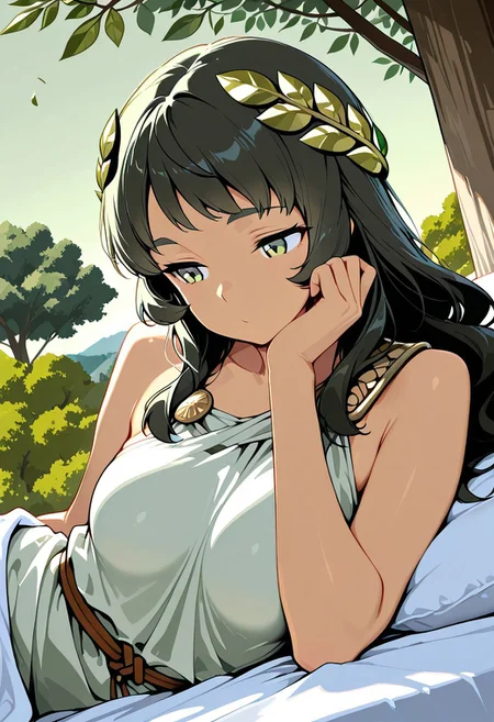 flat colors, masterpiece, best quality, amazing quality,
1girl, solo, girl, black hair, green eyes, upper body, 
 long hair, laying on a white blanket,  head resting on arm, laying on side, white chiton, bronze shoulder pins, brown string belt, green leafy laurel
balcony above the green olive tree canopy, pale green sky,outdoors, green olive trees,lit torches, falling leaves