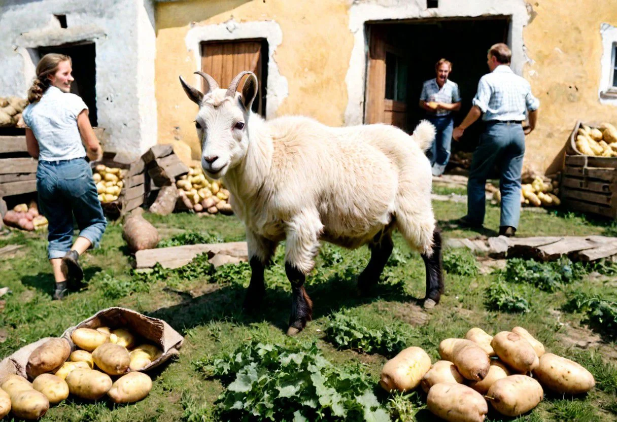 Polish people, dancing around potatoes, grey communal block, film photography, 1981, a pet goat is in the foreground, summer, courtyard, bags of potatoes, film grain, Poland, communism, historic, silly, parody, 1980s clothing, Polish, daily life, natural light, candid, highly detailed, happy people, Nowa Huta, accurate faces, textured fur, SLR, amazing quality,