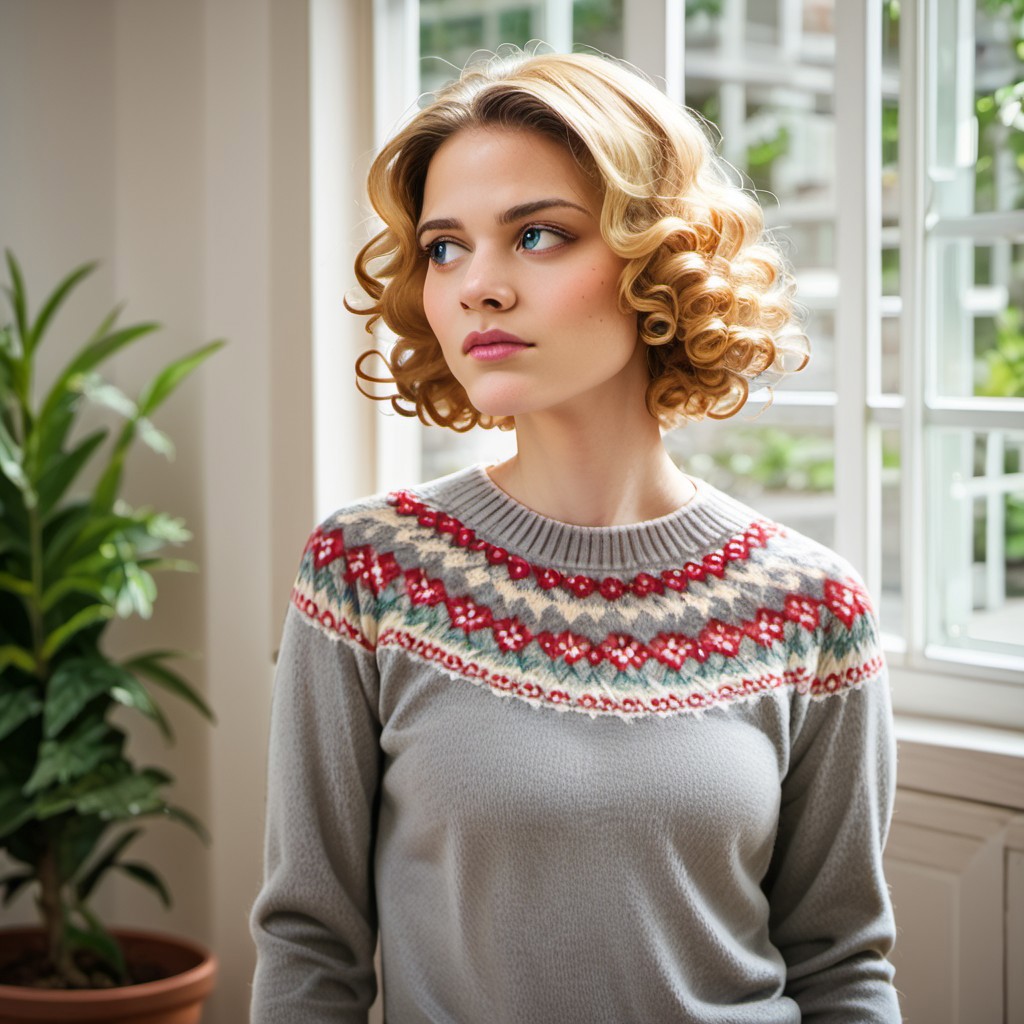(Score_9_up, score_8_up, score_7_up, masterpiece, newest, high quality, best quality, very awa, very aesthetic, ultra detailed, realistic), hyperrealistic, (UHD quality details), fair_isle_pattern, 1girl, upper body, standing, fair_isle sweater, fi_yoke, blonde hair, curly hair, cutie, looking away, indoors, grey sweater, jeans, depth of field, 8k uhd, absurdres, volumetric lighting, tack sharp focus, beautiful composition, intricate detail, professional illustration