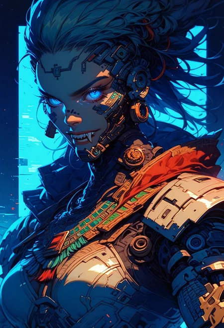 score_9,score_8_up,score_7_up, solo, 1 girl, Ellie Buckingham, blue eyes, bright blue eyes, bright blond hair, upper body, white armour,neon background, glowing, glowing blue eyes, , red ornaments, fangs,robot, aztec, mecha, aztec god, aztec outfit, cyberpunk outfit, soldier, heavy weaponized, aztec warrior, aztec tatoos, aztec warpaint, macuahuitl, science fiction, cyborg, mechanical parts, humanoid robot, bulky, sinozick style, flat color, dark theme, cowboy shot, Expressiveh
1 girl, outside, cowboy shot