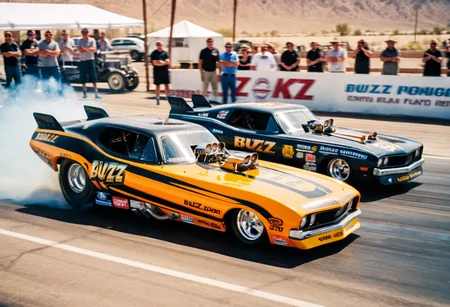 ClassicMuscleCar, ((multiple dragsters racing)), front side view, sunny, desert, smoke trail, aerial view, motion blur, 4K, highly detailed, (stylish grainy analog 35mm film photo, "BUZZ")