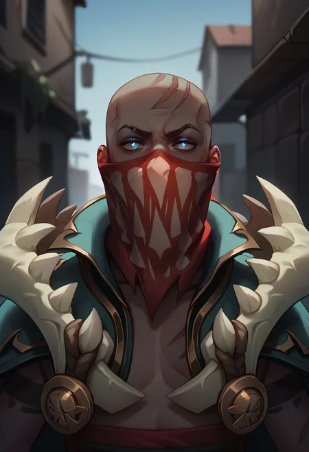 (((beautiful, hyper realistic, high quality))), score_9, score_8_up, score_7_up, solo, ((upper body)),
1boy, Pyke, dark skin, tatto, blue eyes, bald, scars, red mask with printed teeth, fingerless gloves, cape, bone shoulder pads, belt, pants, boots,
dark alley,
Dark background, blurred background,