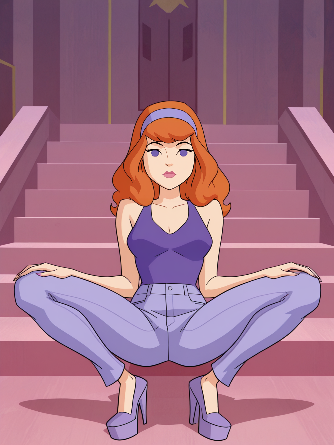 <lora:DaphnaIL:0.9> 1girl, dp_bl, short hair, orange-red hair, bangs, light-purple headband, difficult background, light-pink lipstick, lavender eyes,
looking at viewer, squatting, front view, spreading legs, platform high heels, jeans