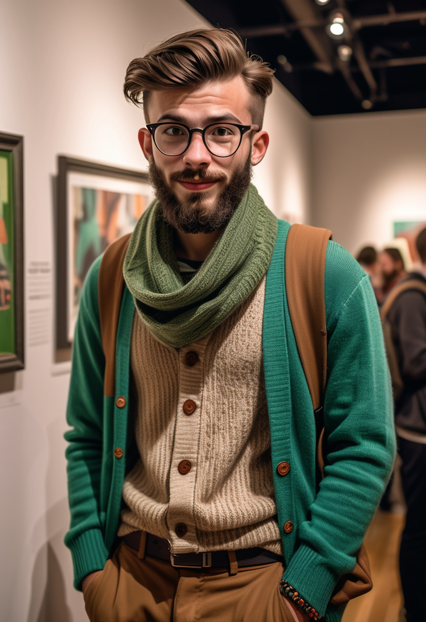 award winning, (professional photo) of (retro hipster) young man, Very thin build, medium brown hair, undercut hair, full beard, african, dark skin, brown eyes,  wearing a green vintage cardigan, high-waisted pants, high-top sneakers, suspenders knit scarf, set in the 2010s, in  gallery, Opening Night, bustling event with artists and guests, artworks prominently displayed, a speaker giving a presentation, an air of excitement , , creative, beautiful, vibrant, masterpiece, 64k, UHD, HDR, full view, atmospheric lighting, extremely detailed