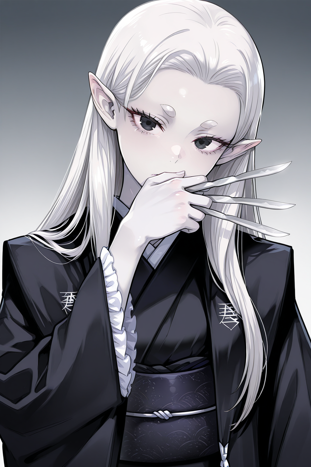 1girl,
CureNinjaSlayer, 
general, solo, upper body, 
long hair, white hair, short eyebrows, black eyes, eyelashes,
pale skin,
black kimono, frills, obi,
looking at viewer, serious, head tilt, hand up, knives between fingers, scalpel, covering mouth,
grey theme, japan, luxuriou room,
<lora:kp_CureNinjaSlayerIllustrious_v1_0:1.0>,
masterpiece, best quality, amazing quality