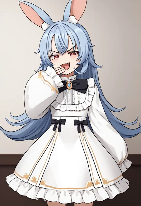 1girl, solo, Nanobites, animal ears, long hair, blue hair, rabbit ears, animal ear fluff, red eyes, bangs, very long hair, 
bow, dress, white dress, black bow, long sleeves, sleeves past wrists,  frills, sleeves past fingers, puffy sleeves,
<lora:ojou-sama-pose-ponyxl-lora-nochekaiser:1>, ojou-sama pose, laughing, smug, hand to own mouth, open mouth, cowboy shot