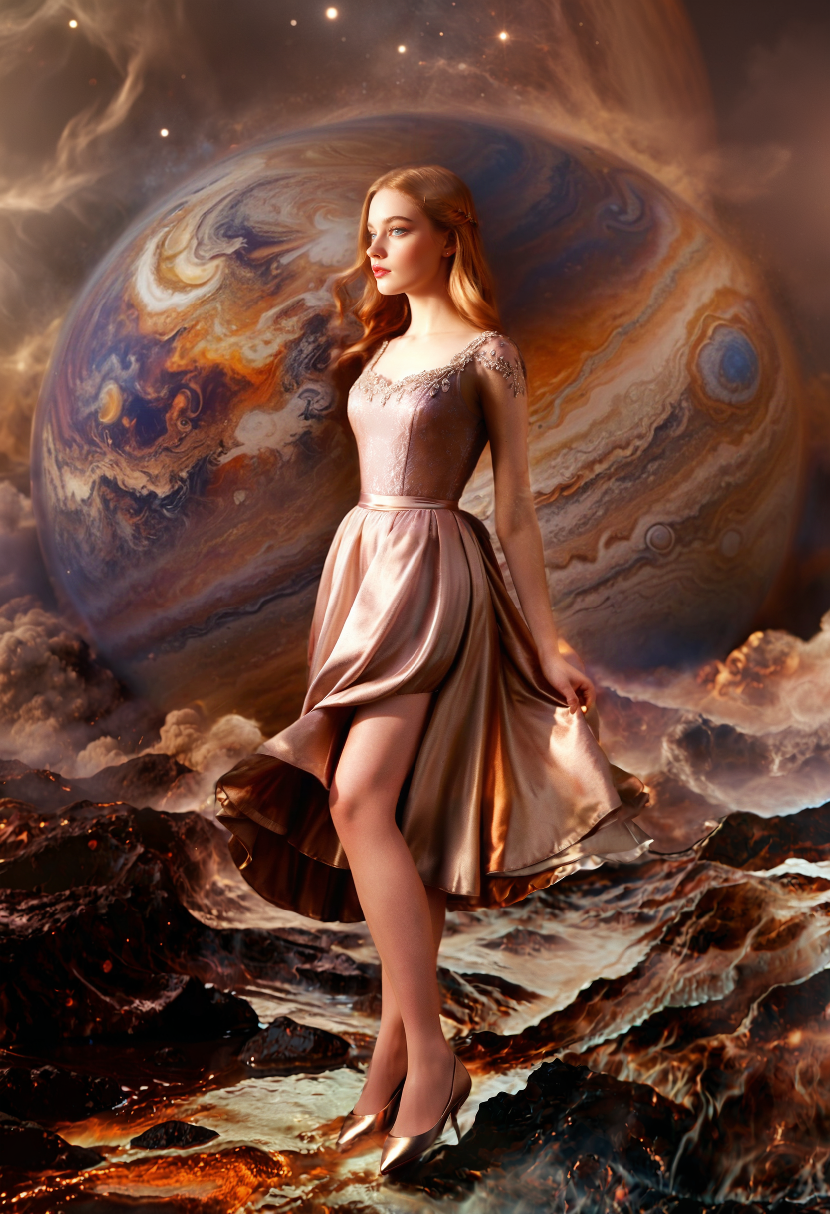 cinematic film still a woman in a blue dress standing on a beach next to a giant planet with a star in the sky, David Martin, fantasy artwork, a detailed matte painting, fantasy art . shallow depth of field, vignette, highly detailed, high budget, bokeh, cinemascope, moody, epic, gorgeous, film grain, grainy