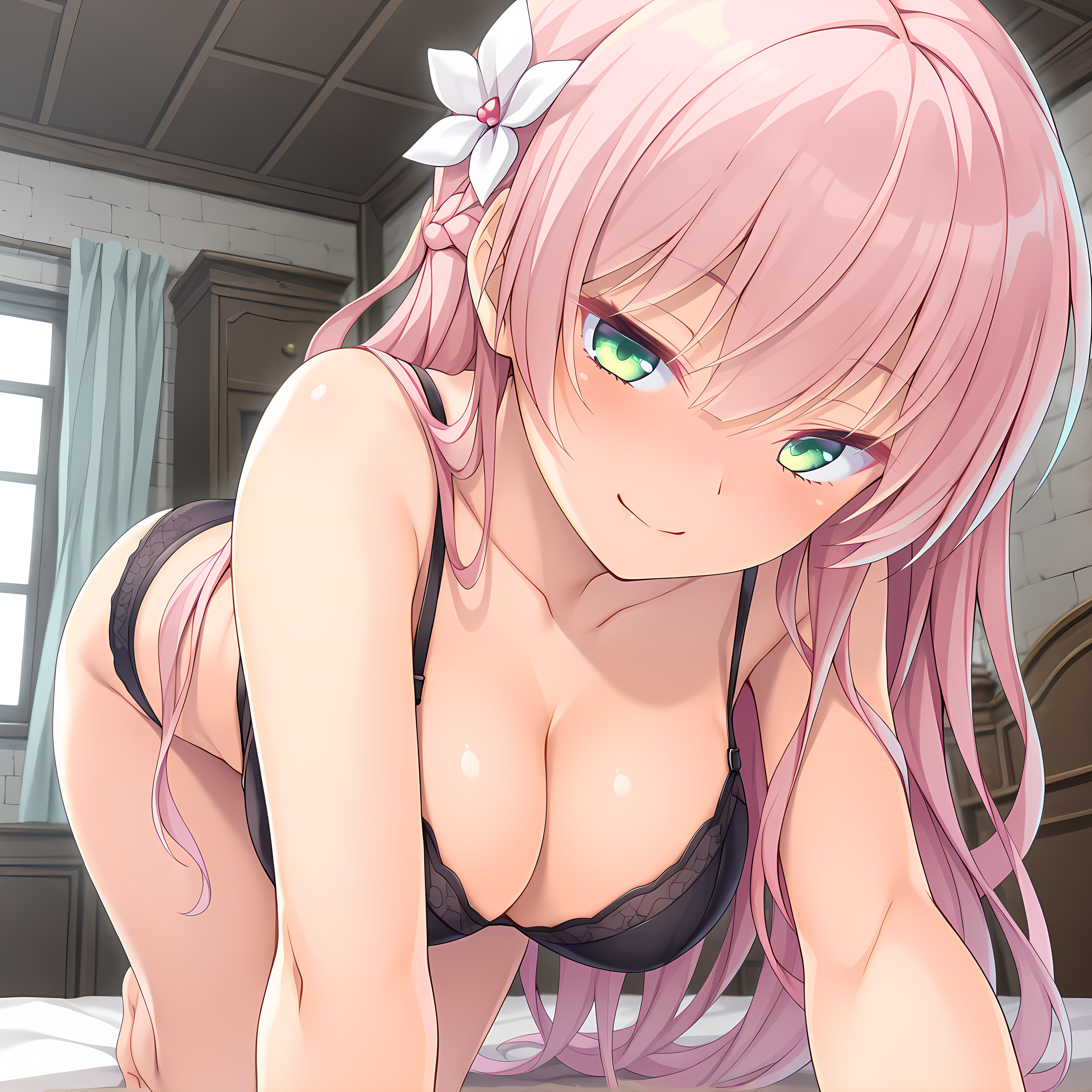 <lora:Terese_Elminaãã¬ãµã¨ã«ããã¢_-_Escude_-_Hime_to_Aiyoku_no_Sacrifice:0.8>,solo,terese,pink hair,long hair,braid,green eyes,hair between eyes,bangs,hair flower,large breasts,lingerie,indoors,bedroom,cleavage,underwear only,all fours,looking at viewer,eye focus,seductive smile,reaching towards viewer,, masterpiece,best quality,amazing quality, very aesthetic, absurdres,detailed eyes,ultra-detailed,