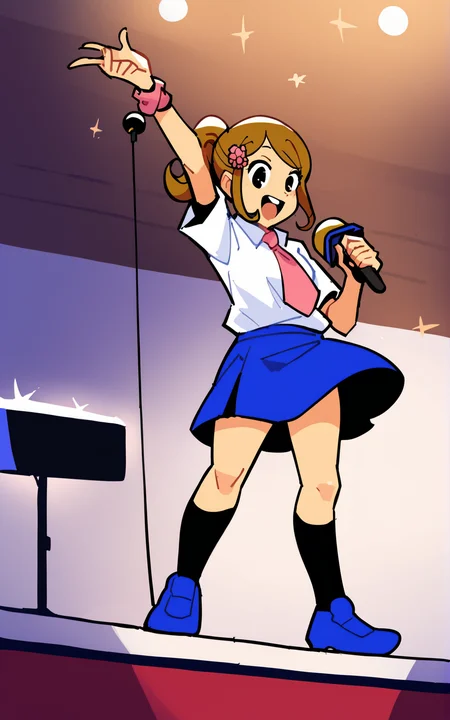 score_9, score_8_up, score_7_up,((best quality)), absurdres, <lora:3d-2d:0.8>, <lora:RGRHPXL:0.8>,RGRHPXL,brown hair, ponytail, white shirt, collared,pink necktie, blue skirt, black socks, kneehigh, blue footwear, hair ornament , standing, arm up, holding microphone , stage,inside,wristband, yellow armband