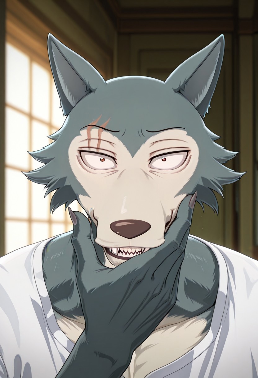 masterpiece, best quality, amazing quality, 
Legoshi, anthro, wolf, beastars, scar on right brow, mature male, animal ears, grayish blue fur, brown eyes, smug expression, upper eyelid half closed, smug, sharp teeths, sharp fangs, 
blurry background, volumetric lighting, smug grin, open eyes, 1boy, solo, male focus, mature male, looking at viewer,  simple background, evil grin, head focus, portrait, detailed head, broad shoulders, muscle chest, white shirt, smug head, a hand on his face