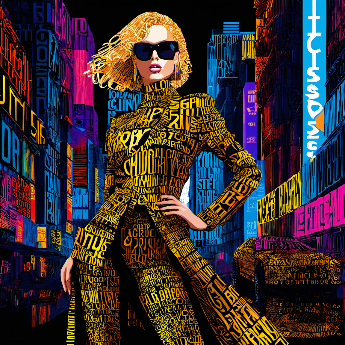 typography_art,english text,black background  <lora:Typography_art:1>, photograph of a Fashion model, full body, highly detailed and intricate, golden ratio, vibrant colors, hyper maximalist, futuristic, city background, luxury, elite, cinematic, fashion, depth of field, colorful, glow, trending on artstation, ultra high d