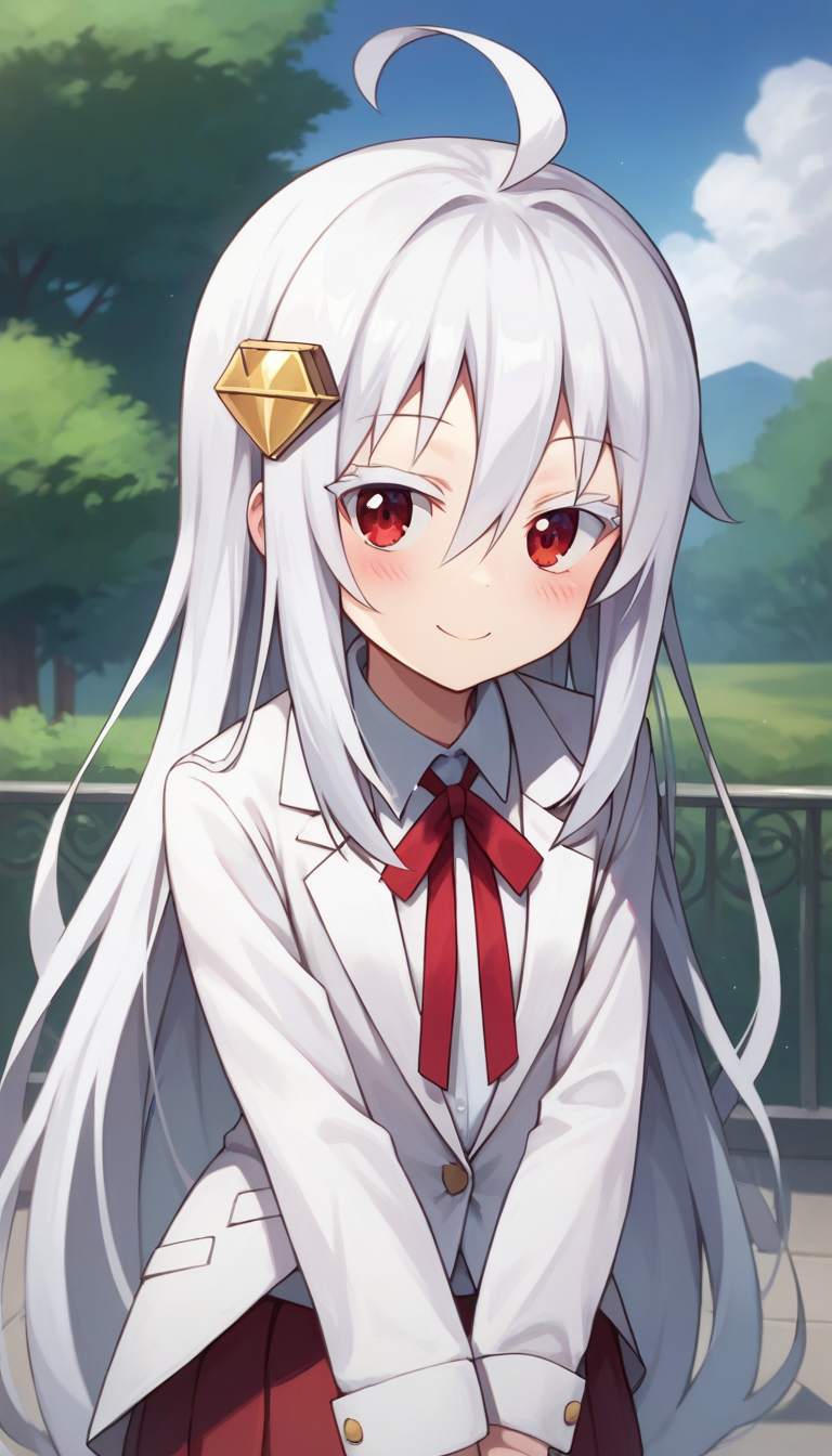 score_9,score_8_up,masterpiece,best quality,correct anatomy,anime_source,1girl,solo,perfect eyes,perfect arms,perfect legs,perfect face,outdoors,upper body,(portrait:1.5),looking at viewer,facing viewer,smile,blush,Hikari Kongo,ahoge,very long hair,white hair,hair ornament,hair between eyes,bangs,colored eyelashes,red eyes,loose clothes,school uniform,white jacket,blazer,neck ribbon,red ribbon,white shirt,collared shirt,long sleeves,flat chest,red skirt,pleated skirt,black socks,brown footwear,<lora:Hikari Kongo(huc)-Pony:1.2>,