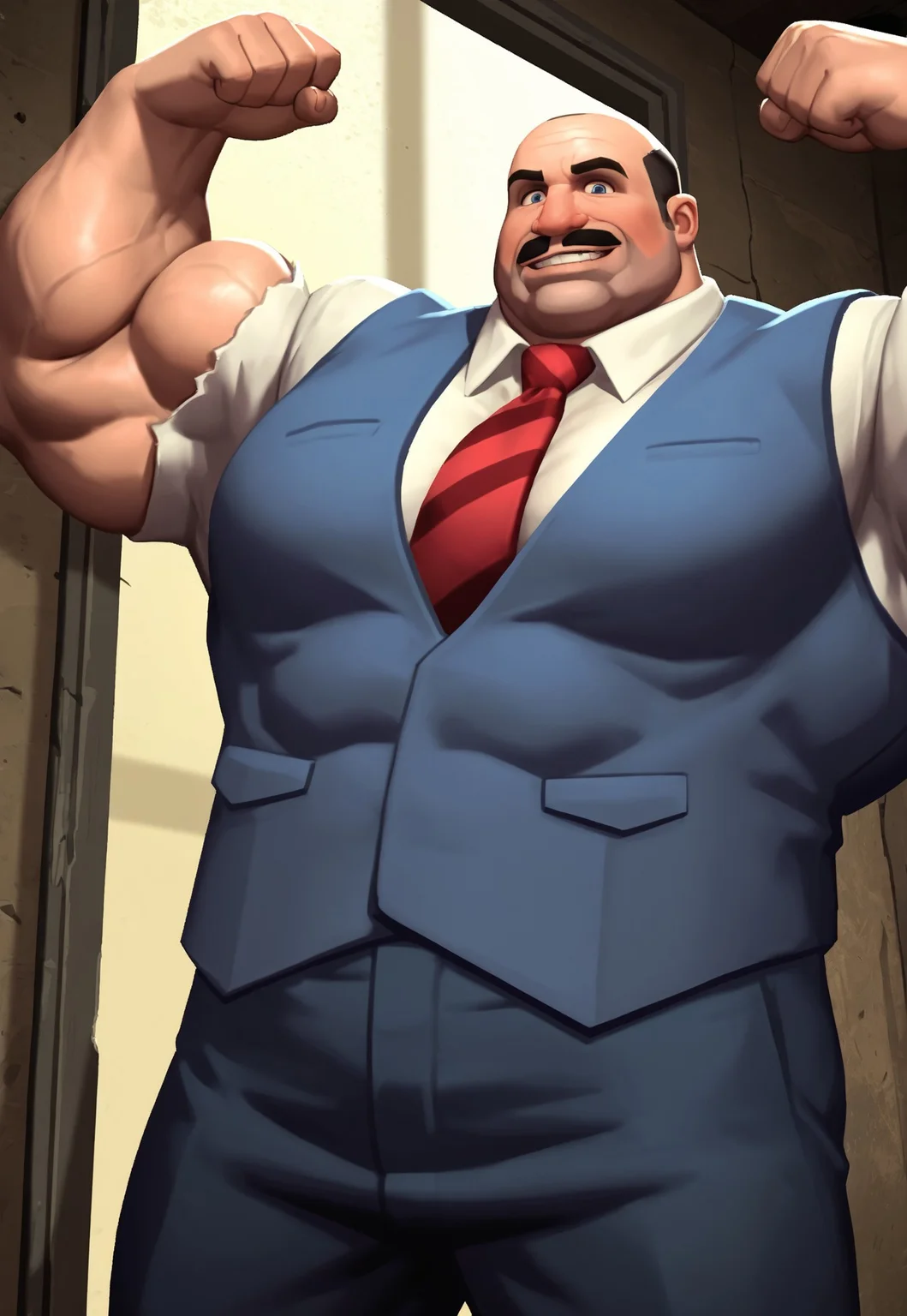 (background, inside a bunker)), male focus, 1boy, tf2civilian, male, solo male, human, balding, mustache, facial hair, (huge gigantic muscle god, hyper muscular, Hyper massive shoulders, hyper pecs, hyper arm muscles, hyper trapezius, hyper neck muscles, hyper chest muscle, six pack abs, ripped abdominal muscles, giant, cramped, muscle growth), masterpiece, very awa, best quality, amazing quality, very aesthetic, absurdres, newest, intricate details,stylized 3D,game,game modeling, Source engine aesthetic, painterly textures, Team Fortress 2 style, hunched over, flexing, cocky smirk, ,short,black hair,lip mustache,bald,blue vest,corllared shirt,neck_tie