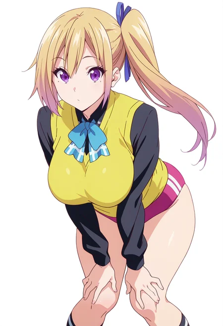 IllusP0s,masterpiece,very aesthetic,anime coloring,anime screenshot,official art,illustration,<lora:HandFixer_pdxl_Incrs_v1:0.5>,handfixer,<lora:x-teal v2:0.7>,3xt34l,
(takeda hiromitsu:0.7),(ikuchan_kaoru:0.7),(pija:0.7),kyoto animation,
hands on knees,pressing breasts together,leaning forward,
1girl,solo,
looking at viewer,
(white background:1.3),
kawakami mai,musaigen no phantom world,<lora:kawakamimai_illustrious:0.5>,<lora:Mai_Kawakami_ILXL:0.5>,<lora:Muscle slider 3_last:2>,(muscular female:0.5),medium breasts,
yellow vest,black shirt,long sleeves,pink buruma,bowtie,