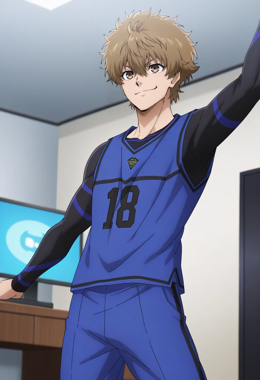 masterpiece, best quality, intricate details, anime screencap, anime coloring, , , 1boy, solo, male focus, <lora:asahi_naruhaya_ilxl:0.9>, asahi_naruhaya, brown hair, brown eyes, short hair, hair between eyes, bangs, sportswear, cowboy shot, bedroom, computer monitor, indoors, jumping, smirk,