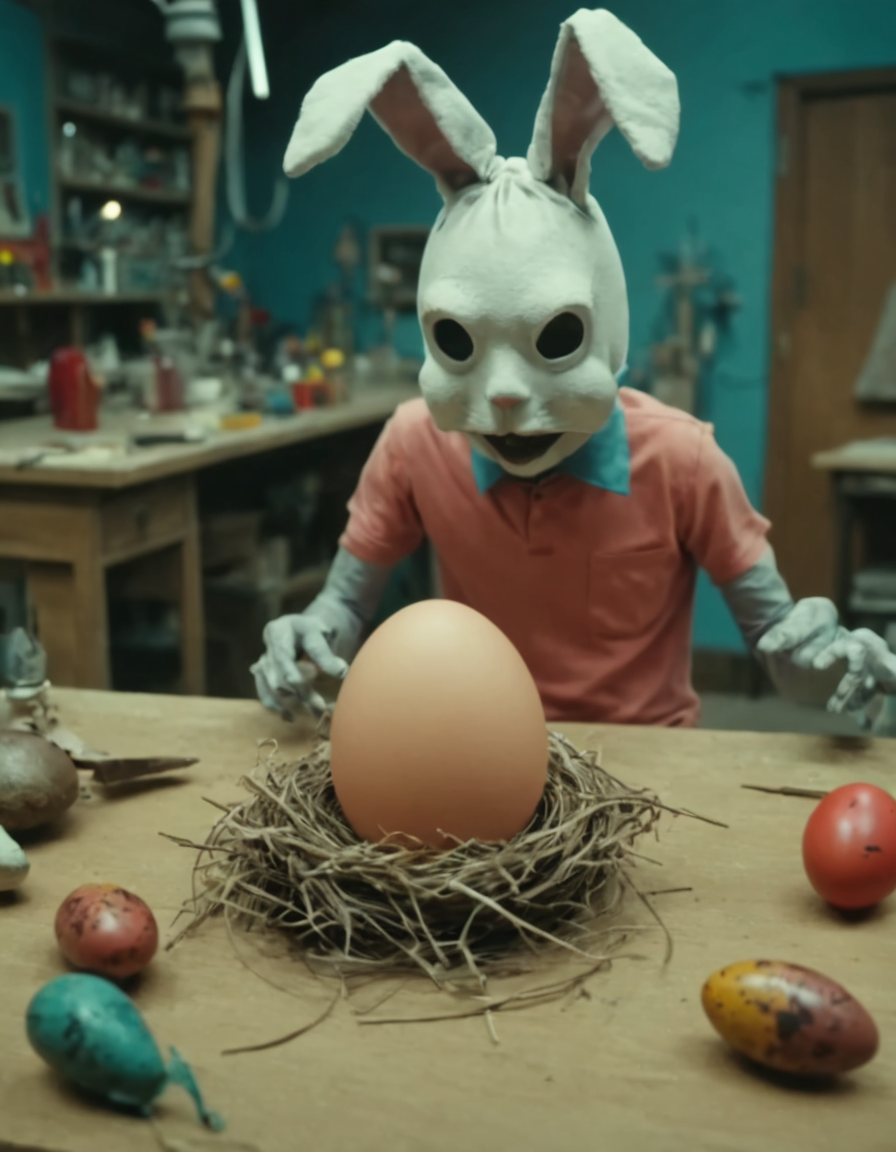 Masterpiece (wide angle shot) , gross and weird Easterbunny crafting an incantation in a fake mask, (creating a little colorful magic egg in a nest:1.6), standing on an old carved table in a colorful factory laboratory. eating worms. fantastic view. creepy and unsettling kids tv show <lora:UNSTL_KIDS_TV_v2:1>