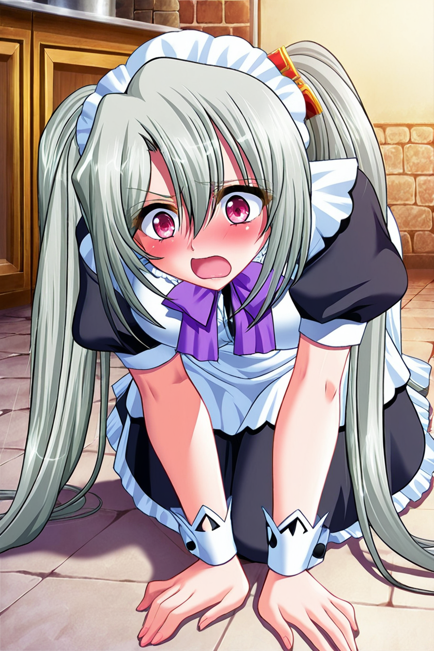 source anime,masterpiece, best quality, game cg,highly_detailed,extremely_detailed_CG_unity_8k_wallpaper,illustration,dynamic pose,highres,absurdres, <lora:Liese_Luvens-IL:1>HimeLiese,MAILIESE,golden hairpin,gray hair,long hair,twintails,ruby eyes,parted bangs,maid dress,pruple ribbon,short sleeves,silk goves,apron,embarassed,blushing,on all fours,walking,hand on ground,maid dress,indoor,medieval kitchen,castle
