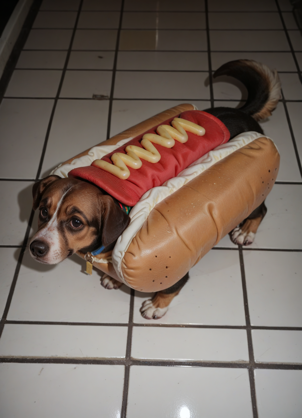 catalog shot of score_9, score_8_up, score_7_up, score_6_up, score_5_up, score_4_up, hud_d0g, tiles, no humans, animal focus, dog, hot dog, mustard, <lora:doggy:0.7>, outdoors, yard