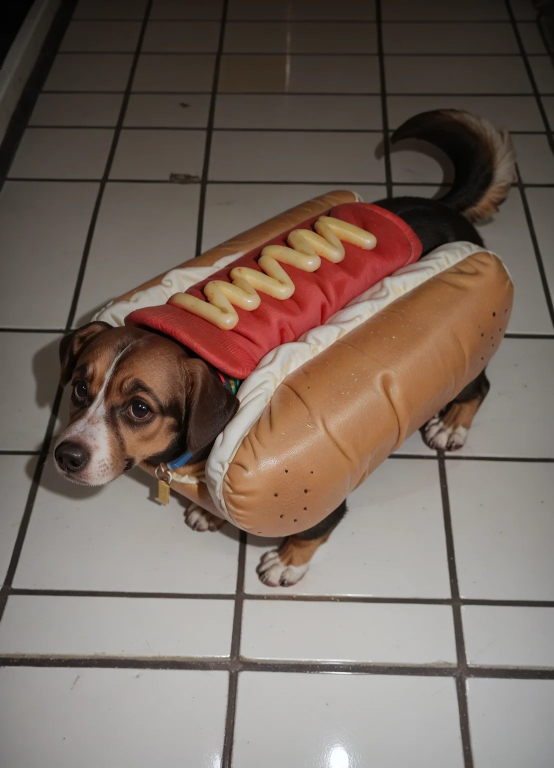 catalog shot of score_9, score_8_up, score_7_up, score_6_up, score_5_up, score_4_up, hud_d0g, tiles, no humans, animal focus, dog, hot dog, mustard, <lora:doggy:0.7>, outdoors, yard