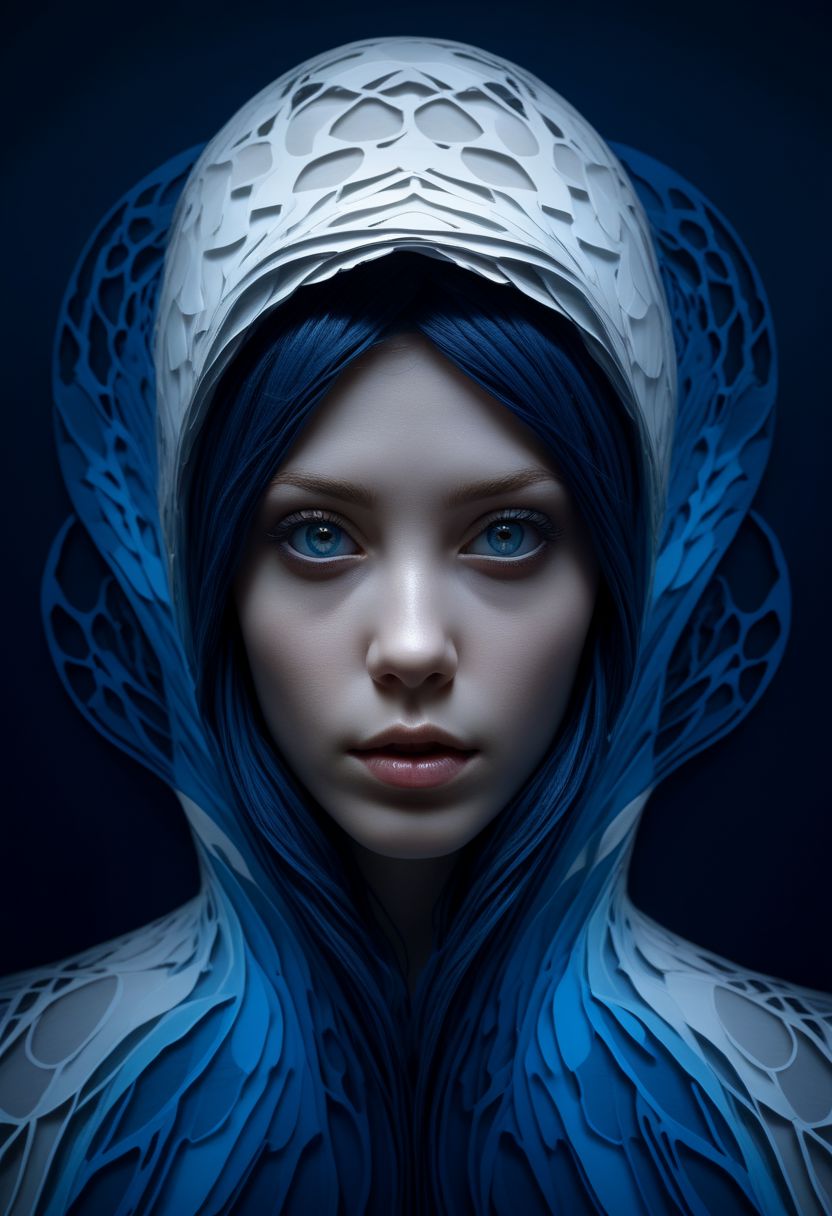 layered papercut, mysterious face, a exotic girl in artsy clothing, fading backlit background, (deep sea fading white to deep blue), alluring goddess, by Minjae Lee, Carne Griffiths, Emily Kell, Steve McCurry, Geoffroy Thoorens, Aaron Horkey, Jordan Grimmer, Greg Rutkowski, amazing depth, double exposure, surreal, geometric patterns, intricately detailed, bokeh,  perfect balanced, deep fine borders, artistic photorealism , smooth,  great masterwork by Suiras  <lora:add-detail-xl:2>  <lora:Double_Exposure:0.5>