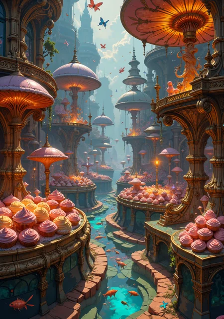 Extravagant tapestry of surreal floating market stalls, where crystalline pastries interlace with luminescent mushrooms and digital gears, all suspended in a vintage carnival of baroque holograms. Hyper-detailed opulent decor emerges from a labyrinth of antique brass and neon cotton candy, merging futuristic circuitry with vintage Victorian whimsy. Swirling fractal patterns, iridescent bioluminescent fish, and clockwork butterflies defy gravity in an impossible vortex. Extravagant, oversaturated colors, intricate 8K textures, and ornate digital confetti create a dazzling mosaic of eclectic charm and absurd contradictions, celebrating a cosmic assembly of curious objects in a jubilant display of alchemical innovation and temporal juxtapositions. <lora:artilands:0.4> <lora:Ganin_II:0.5> <lora:flux_dev:1>