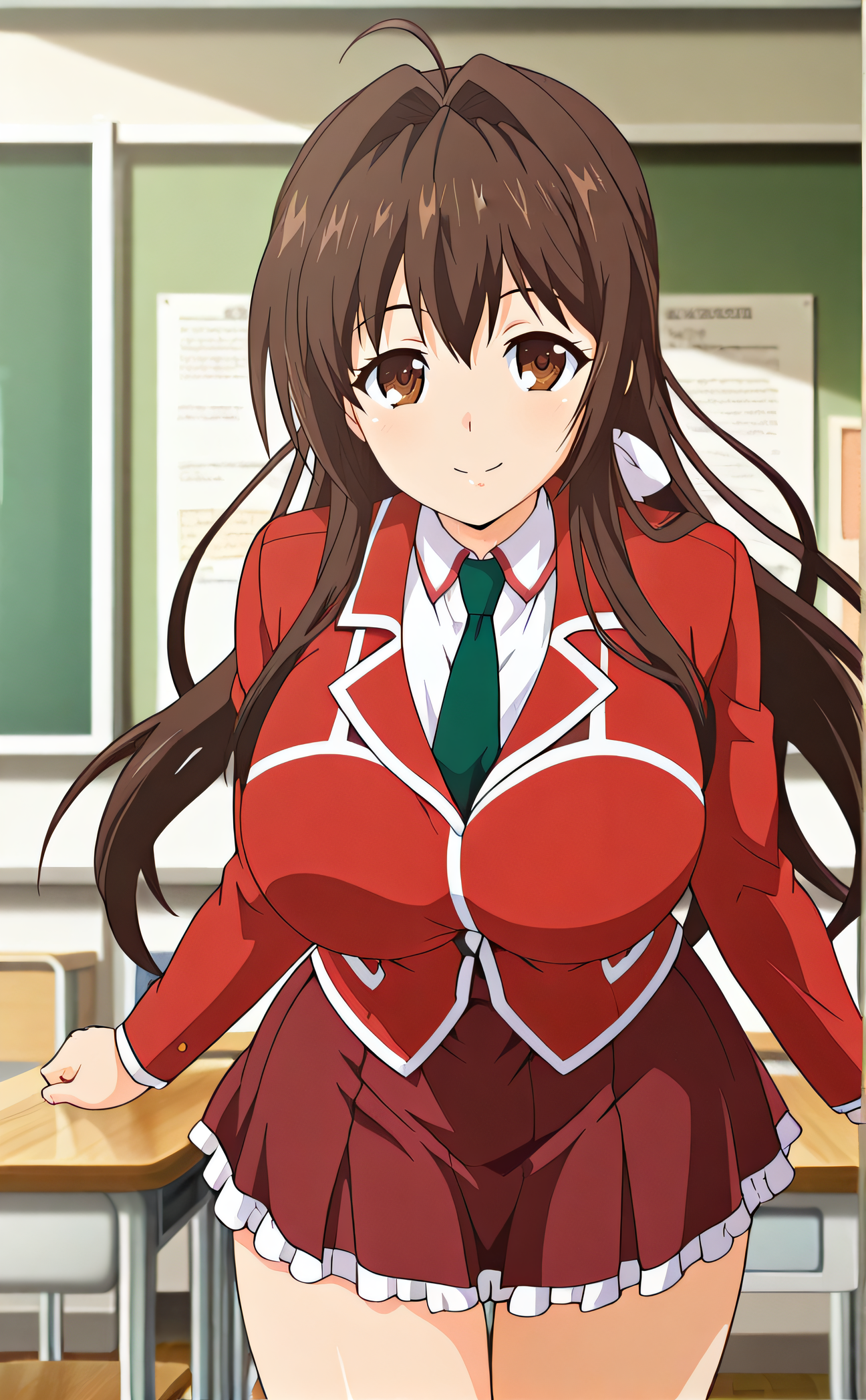 masterpiece, best quality, highres, newest, 1girl, solo, official style, anime screencap, <lora:IL_Maishima_Yuuri:1>, yuuri, brown eyes, brown hair, ahoge, white_hair_ribbon, school uniform, large breasts, collared shirt, green necktie, red blazer, red skirt, frilled skirt, thighs, looking at viewer, smile, classroom, cowboy shot