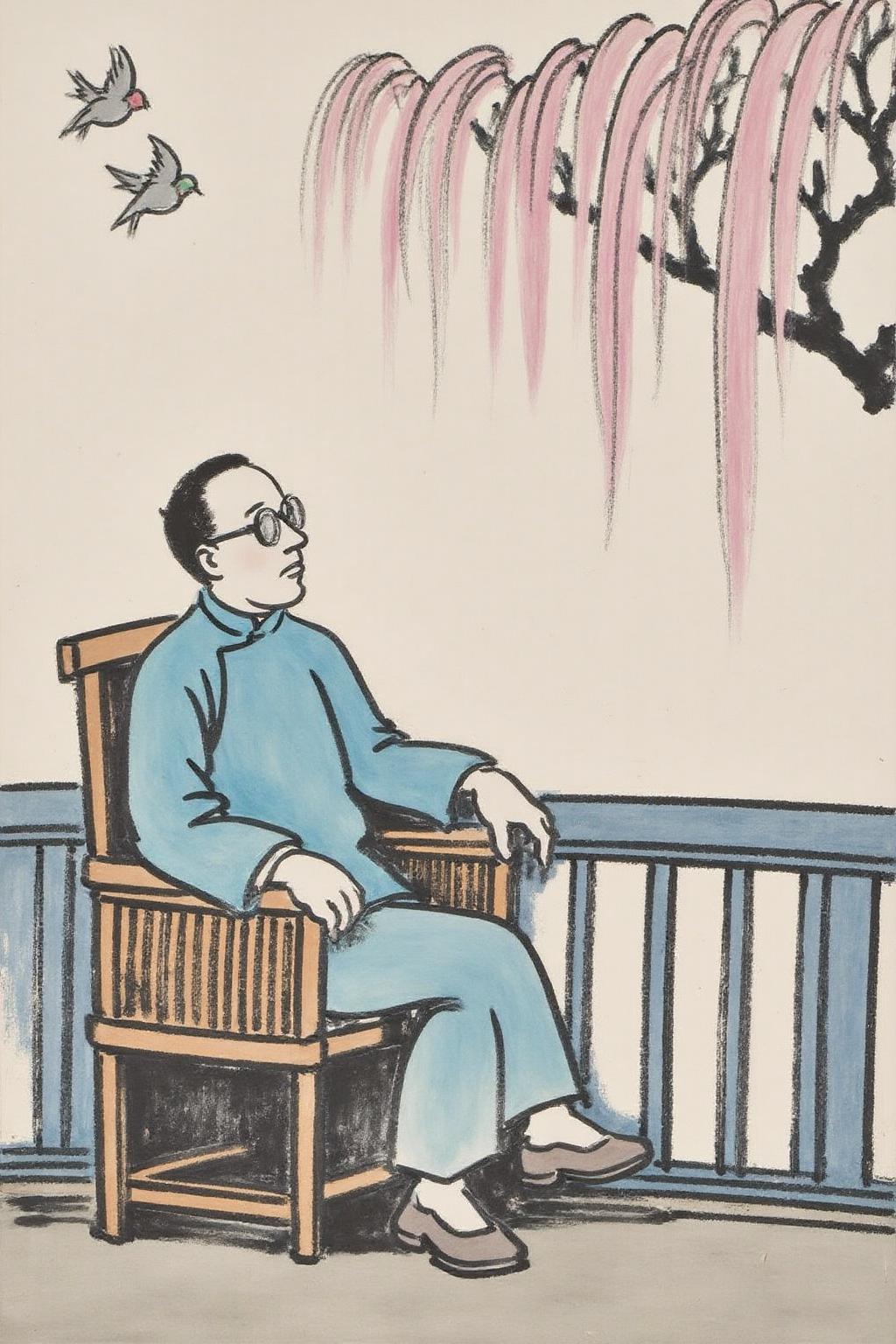 fzk1 ink painting.
A man sitting on a wooden chair on a balcony. The man wears glasses and a blue traditional Chinese robe. He is gazing off to the right. The background features a cherry blossoms and swallows in flight. <lora:fzk2_nocap_d6a3:1.0><lora:815026407555173484:0>