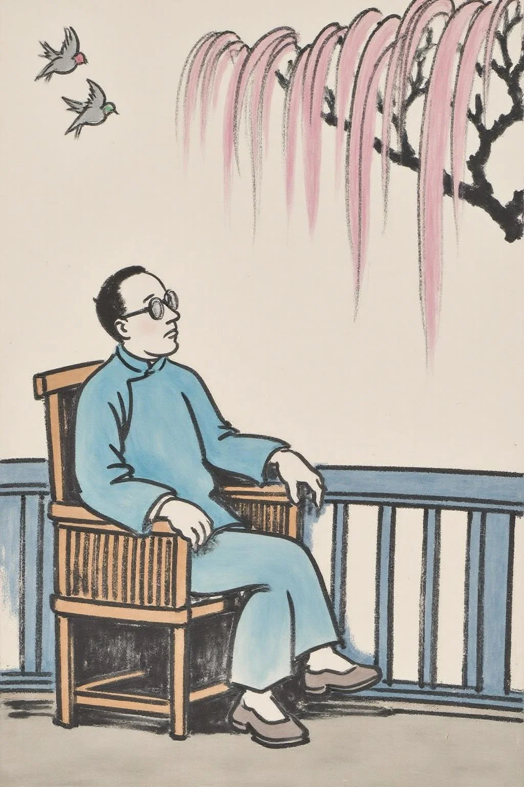 fzk1 ink painting.
A man sitting on a wooden chair on a balcony. The man wears glasses and a blue traditional Chinese robe. He is gazing off to the right. The background features a cherry blossoms and swallows in flight. <lora:fzk2_nocap_d6a3:1.0><lora:815026407555173484:0>