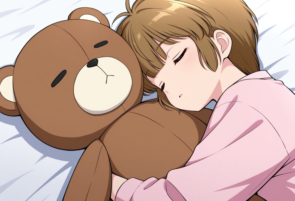 masterpiece, best quality, 32k, high resolution, absurdres, hiyama hikaru, sleeping, holding stuffed toy, holding teddy bear