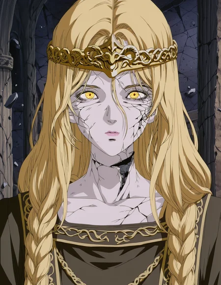 dbstyle, fabulous artwork, best quality, high resolution, beautiful eyes, detailed face, high detail,digital art,best quality, detailed cracked and broken skin, vibrant, highly detailed, award-winning, professional BREAK 1girl, queen marika \(elden ring\),