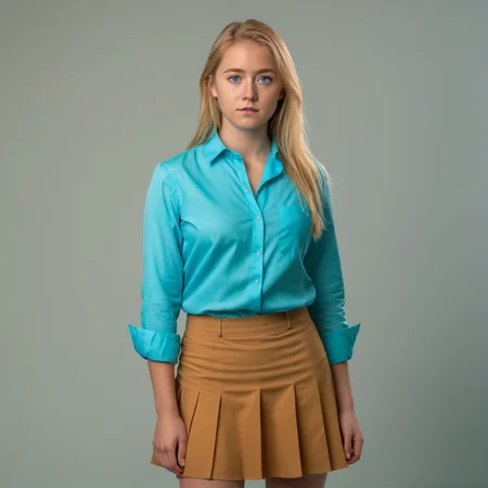 RAW photograph, Danish woman, 25 years old, golden blonde hair, aqua eyes, full body shot, wearing a dress shirt and skirt, standing straight,  neutral pose, arms to the side,  shot from the side,  neutral uniform photostudio background,, highly detailed, professional, soft volumetric lighting,  photographed on a Canon EOS R5, 50mm lens, F/2.8, HDR, 8k resolution, highres, high detail,