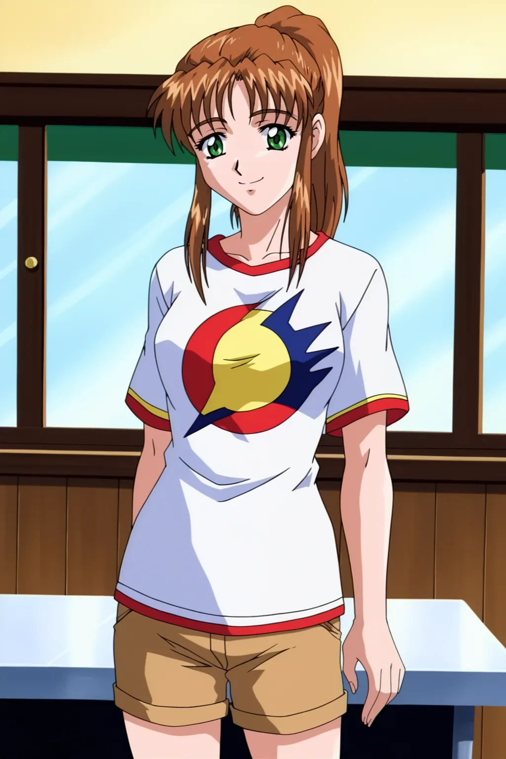 score_9, best, masterpiece, uncensored,
indoors,
1girl, solo, smile, retro artstyle, 1990s (style),
LTHRMNYumiko, white print t-shirt with red trim, brown shorts,
<lora:LeathermanYumiko:0.8>​​​