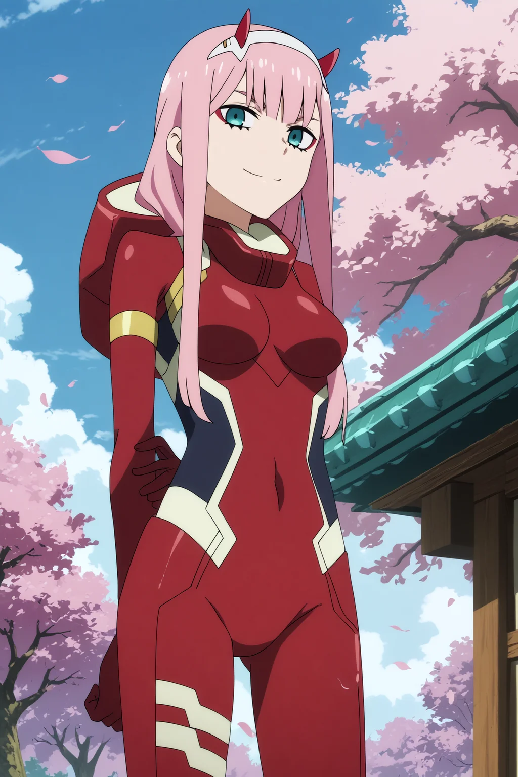 zero two,1girl,solo,long hair,horns,green eyes,smile,bangs,looking_at_viewer, bodysuit, red bodysuit,eyeshadow,makeup,hands behind the back,smirk,cowboy shot BREAK outdoors,blue sky,cloudy_sky,cherry_blossoms <lora:Zero_Two_-_Darling_in_the_franxx.safetensors:0.8> <lora:detailed_backgrounds_v2.safetensors:0.5>