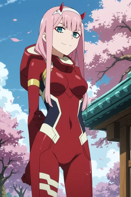 zero two,1girl,solo,long hair,horns,green eyes,smile,bangs,looking_at_viewer, bodysuit, red bodysuit,eyeshadow,makeup,hands behind the back,smirk,cowboy shot BREAK outdoors,blue sky,cloudy_sky,cherry_blossoms <lora:Zero_Two_-_Darling_in_the_franxx.safetensors:0.8> <lora:detailed_backgrounds_v2.safetensors:0.5>
