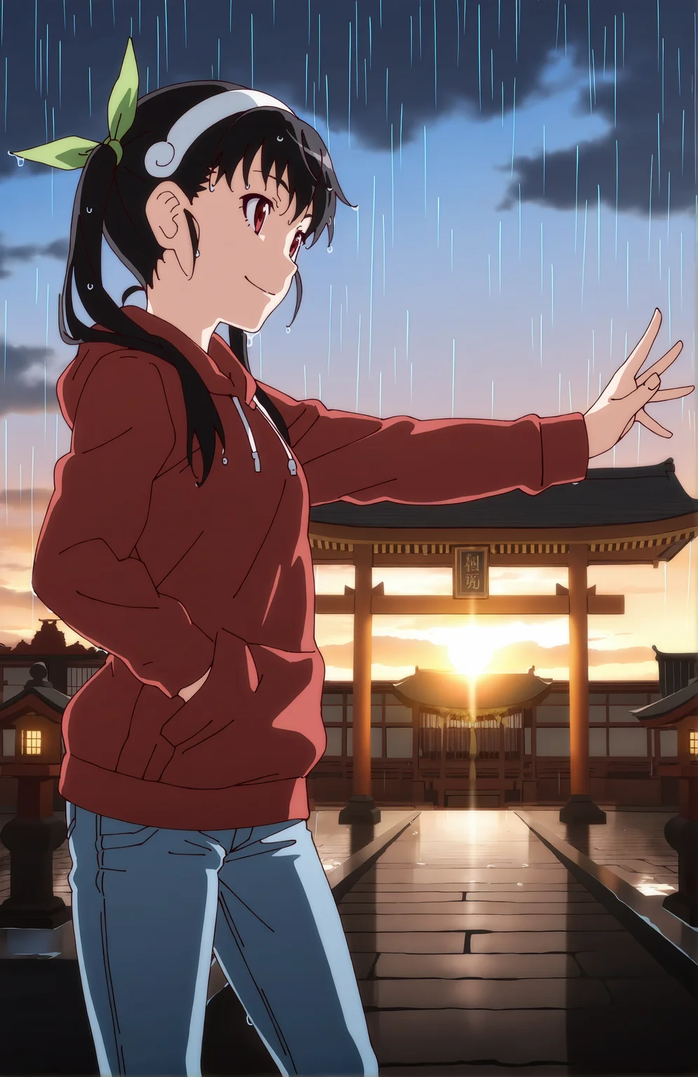 HachikujiMayoi. 1girl, solo, black hair, red eyes, twintails, hair band, green hairbow, (red hoodie, jeans), japanese temple, sunrise, rain, smile, wet hair, outstretched arm