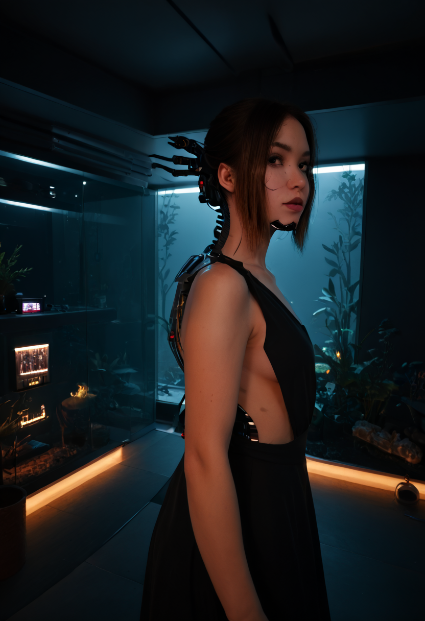 score_9,SongbirdSoMi, mechanical parts:0.4mechanical jaw,mechanical spine,
videogame artwork, 1girl, standing in front of an aquarium,
in a dimly lit room,
amber lights, RTX