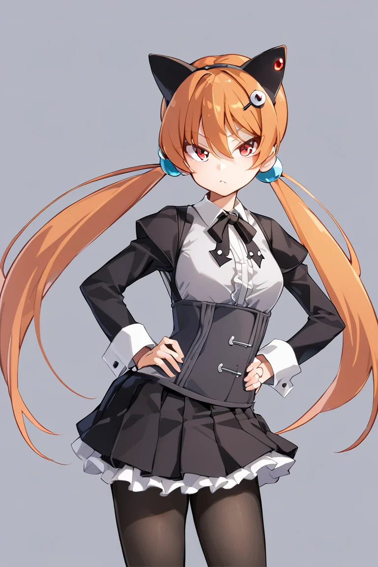 alisa southerncross,1girl, solo, orange hair, animal ears, twintails, pantyhose, long hair, cat ears, red eyes, hand on hip, hair ornament, looking at viewer, white background, black pantyhose, skirt, fake animal ears, simple background, long sleeves
<lora:alisa southerncross e1:0.80>