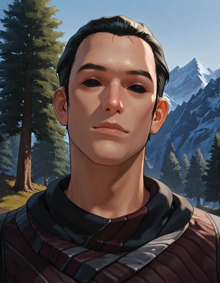 masterpiece, best quality, newest, perfect quality, best quality, detailed background, intricate details, male focus, solo, realistic, <lora:SWTOR - Vector Hyllus - Illustrious-000004:0.8>, swtor_vector, 1boy, black hair, short hair, sideburns, solid eyes, black sclera, long coat, outdoors, trees, plants, mountain, looking at viewer, portrait, head tilt, (smile:0.5)