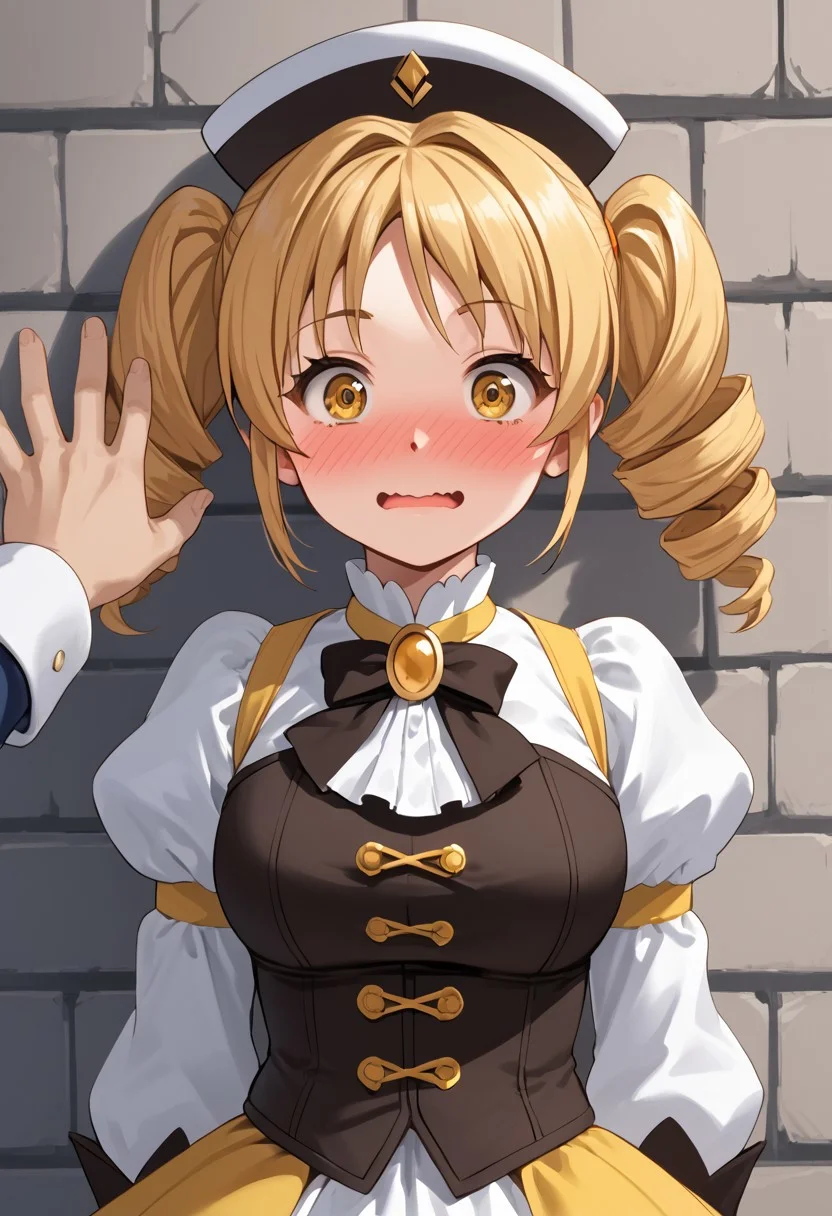 score_4,score_5,score_6,score_7_up,score_8_up,score_9 ((masterpiece,best quality,ultra detailed,highres,HD,4k:1.2)),
Araki,sketch,
1girl,solo,face focus,
mami tomoe, blonde hair, drill hair, twin drills, yellow eyes,large breasts,
brown gloves, corset, detached sleeves, fingerless gloves, gloves, hat, juliet sleeves, long sleeves, magical girl, puffy sleeves,
outdoor, pov, pov hands, kabedon, Wall-don, wall-don with both hands,<lora:Kabedon pov PonyXL:1>, full face blush,surprise,wavy mouth,@ @ ,^^,embarrassed,wide eyes,looking at viewer,