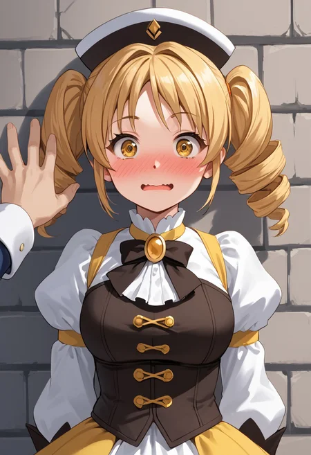 score_4,score_5,score_6,score_7_up,score_8_up,score_9 ((masterpiece,best quality,ultra detailed,highres,HD,4k:1.2)),
Araki,sketch,
1girl,solo,face focus,
mami tomoe, blonde hair, drill hair, twin drills, yellow eyes,large breasts,
brown gloves, corset, detached sleeves, fingerless gloves, gloves, hat, juliet sleeves, long sleeves, magical girl, puffy sleeves,
outdoor, pov, pov hands, kabedon, Wall-don, wall-don with both hands,<lora:Kabedon pov PonyXL:1>, full face blush,surprise,wavy mouth,@ @ ,^^,embarrassed,wide eyes,looking at viewer,