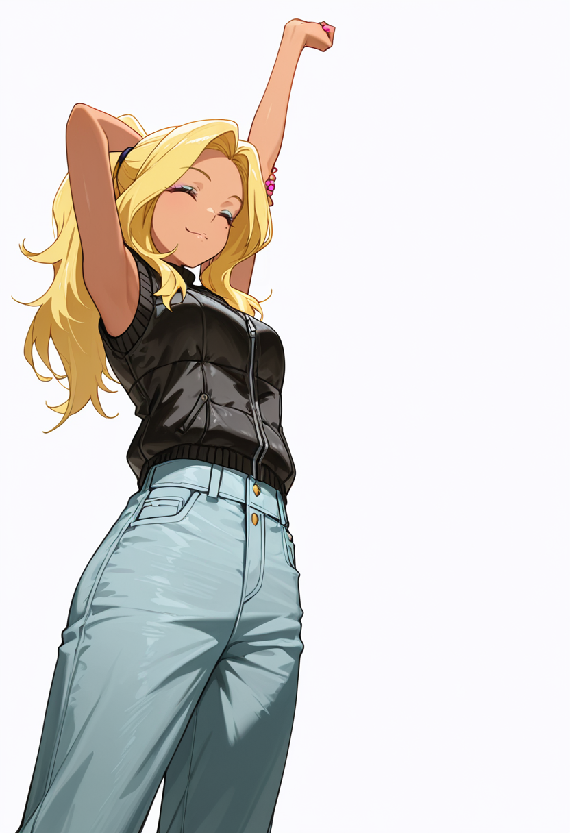 Smooth Quality,masterpiece,very intricate, high quality details, ultra realistic, high detailed skin,detailed enviorement,absurdres,
 <lora:Gotou_Shino_Shiipon_CNR:0.8> gotou_cnr, blonde hair,long hair, ponytail, brown eyes, dark-skinned female, mole, nail polish, eyeshadow,, simple background, white background, from below,solo,
stretching, one arm raised, other on hip, slight side bend, relaxed body,  ,, ^q^,, zip-up vest,  ,sweater, ,flared pants,  ,