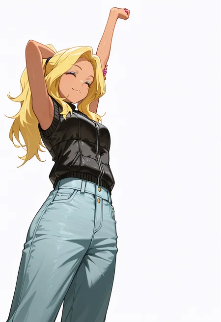 Smooth Quality,masterpiece,very intricate, high quality details, ultra realistic, high detailed skin,detailed enviorement,absurdres,
<lora:Gotou_Shino_Shiipon_CNR:0.8> gotou_cnr, blonde hair,long hair, ponytail, brown eyes, dark-skinned female, mole, nail polish, eyeshadow,, simple background, white background, from below,solo,
stretching, one arm raised, other on hip, slight side bend, relaxed body, ,, ^q^,, zip-up vest, ,sweater, ,flared pants, ,