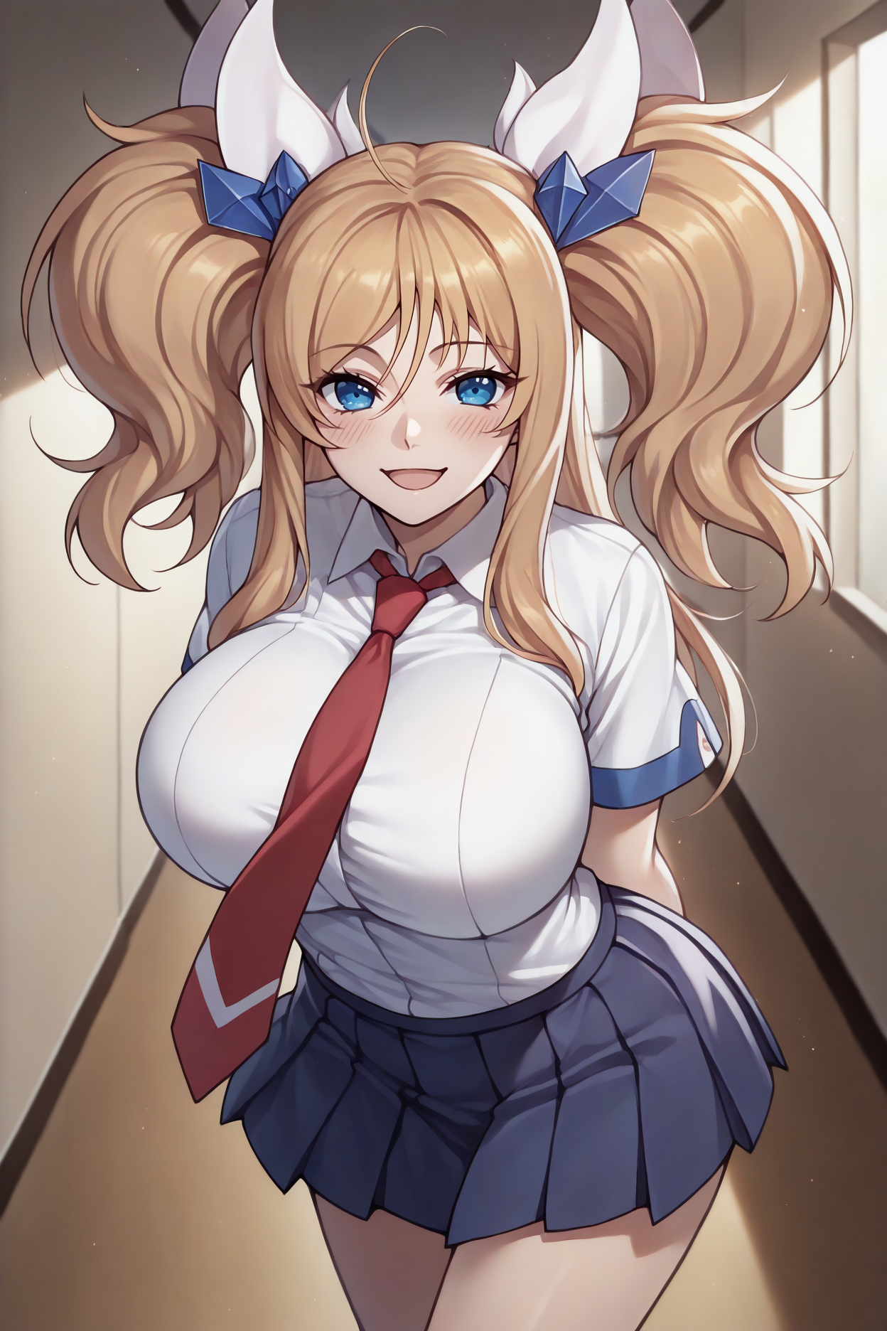 masterpiece, best quality, 1girl, solo, <lora:onizakikirara-illu-nvwls-v1-000007:1> dfKirara, twintails, blonde hair, hair ornament, white shirt, short sleeves, red necktie, dark blue skirt, pleated skirt, happy, looking at viewer, hallway, blush, large breasts, arms behind back