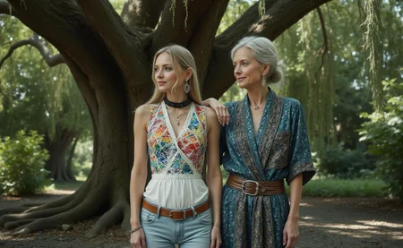 <lora:ck-waterworld.safetensors:1> ck-wtr, transparent, made out of ck-wtr
Beneath the sprawling boughs of an ancient willow tree, gnarled and weathered by the passage of time, two women, Aria and Zara, stand in mutual reflection. Aria, a woman of about 35, with a striking presence, wears an elegant sleeveless outfit. Her multicolored, asymmetrical vest, adorned with vibrant rainbow and geometric patterns, contrasts beautifully against her chic, sleeveless V-neck dress in pristine white. Her ensemble is completed with light blue denim shorts, cinched at the waist by a brown leather belt. Statement earrings dangle gracefully from her ears, while a black choker and a heart-shaped necklace add a touch of elegance to her look.
Zara, a few years older, stands beside her, her posture relaxed yet attentive. Her robes are a tapestry of deep blues and greens, symbolizing the enduring nature of their friendship. Both women are framed by the timeless beauty of the willow tree, its leaves rustling gently in the breeze, casting dappled shadows on the weathered stones beneath their feet.
Their expressions convey a deep sense of understanding and mutual support. Aria’s eyes are alight with a warm smile, while Zara’s hand rests gently on her shoulder, a silent gesture of comfort. The scene is one of serene harmony, where the everyday blends seamlessly with the eternal. The ancient tree and the polished stones serve as silent witnesses to the enduring strength of their bond, a bond that has weathered the storms of time and remains as resilient as ever.