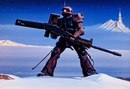 score_9, score_8_up, score_7_up, cowboy shot, side view, BREAK, ( white zaku, grey zaku, pink monoeye, one eye, looking to the side, holding rifle in both hands, ) 1mech, mech focus, walking, BREAK, snow, ice, ice mountains, dark blue violet sky, night time, starry sky, Realistic, Relaxed, Moonlit, beautiful detailed supreme quality color intricate, dynamic dramatic beautiful full taking, contemporary fine detail, highly detail, dynamic background, positive emotional, background curving upwards, snow getting kicked up,