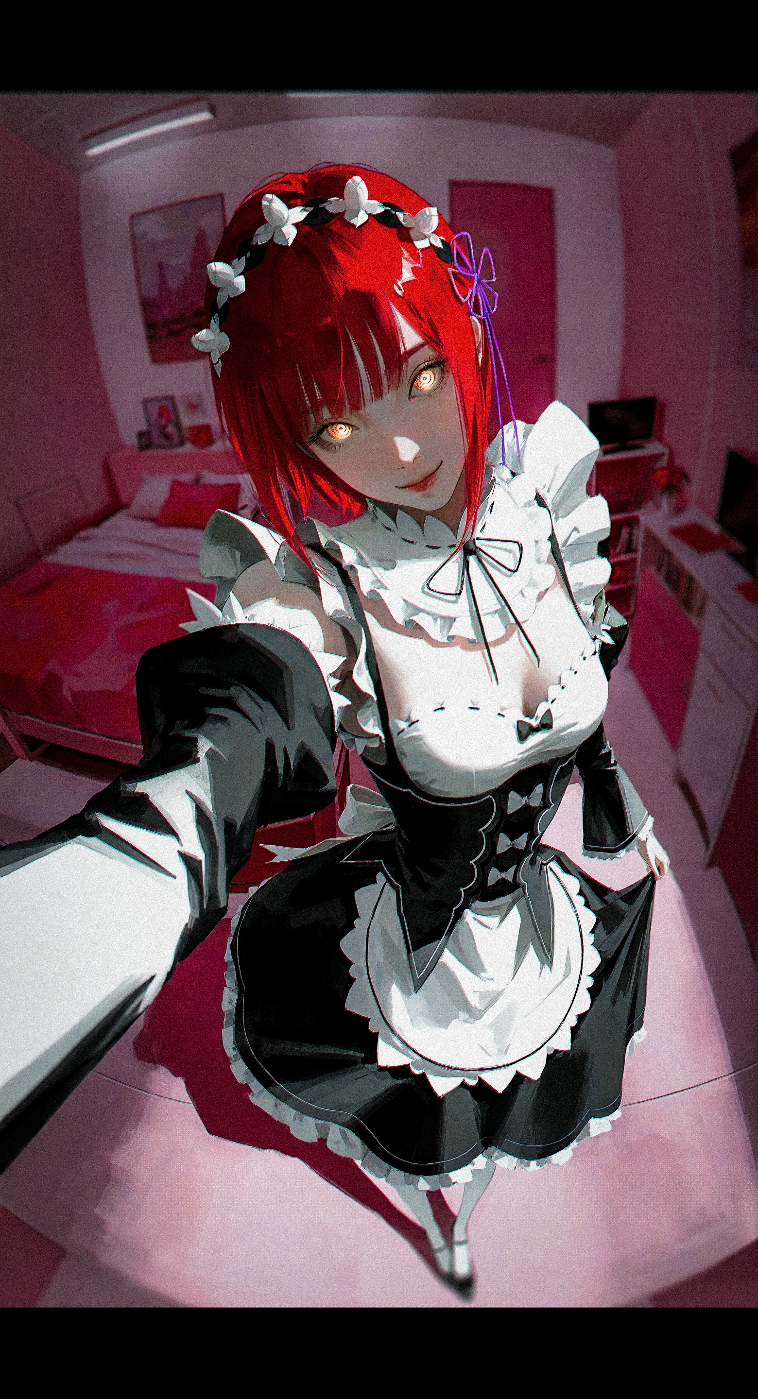 1girl, solo, makima \(chainsaw man\),  sangsoo jeong,  96yottea, (narue:1.3), meron nouka, 
rem \(re:zero\) \(cosplay\),
<lora:nhl-001-urang-20:0.4>   nhl-001, <lora:nhl-002-urang-20:0.4>   nhl-002, <lora:nhl-004-urang-20:0.4> nhl-004, realistic, limited palette, spot color, 
ringed eyes, yellow eyes, selfie,  small breasts,  narrow waist, head tilt, blurry background, black foreground, from above, smile, maid, red hair, short hair, (fisheye:1.1), distortion optic, 
indoors, scenery, room, bedroom, wall, ceiling, floor,  perspective,  pink room, 
,masterpiece, highres, greatscore, absurdres,