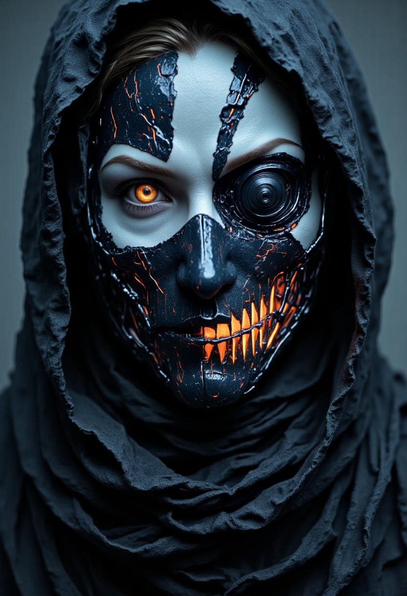 The close-up reveals the terrifying face of a cyborg ninja, an intricate fusion of organic beauty and cold, mechanical perfection. Her face is framed by a sleek, polished helmet that partially covers her features, leaving only the lower half exposed. The exposed skin on her face is pale, almost ghostly, a stark contrast to the sophisticated mechanical enhancements that have replaced much of her body. Her left cheek and jawline are adorned with sharp, angular plates, seamlessly molded to her skin, their surface gleaming with a dark metallic sheen. Intricate circuit patterns snake down her neck, glowing faintly with pulses of electric energy that flicker like veins of lightning beneath the surface. The right side of her face is a chilling display of cybernetic mastery, where human flesh gives way to gleaming, polished steel and chrome. Her eye is encased in a dark, reflective visor, surrounded by a framework of sleek, geometric metal. The visor occasionally flickers with a deep amber glow, a direct connection to her augmented senses. The edges of the metal frame are adorned with fine micro-gears and minute, complex mechanisms that hum with energy, a silent reminder of the technological power running through her body. nelisty, dystujo, nelisty, enistyle