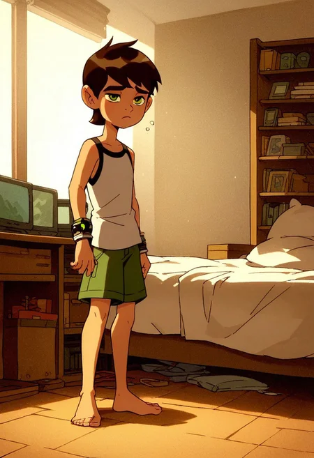 score_9, score_8_up, score_7_up, score_6_up, score_5_up, score_4_up, cute boy , standing, ((solo)), brown hair, green eyes, bracelet, sleepy ,
wear pijamas, tiny shorts , Tank top shirt , bare foot , messy bedroom , tv , games , windows , sun.